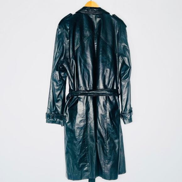 Vintage 90s Saxony Black Leather Oversized Belted Mid Trench Coat Jacket Women - Picture 9 of 16